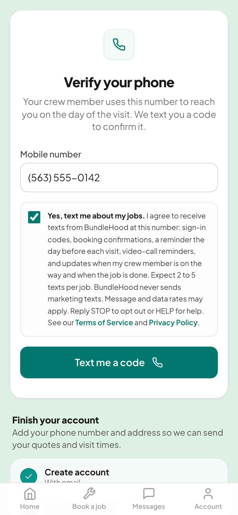 The same step after the customer ticks the consent box; the 'Yes, text me a code' button is now enabled